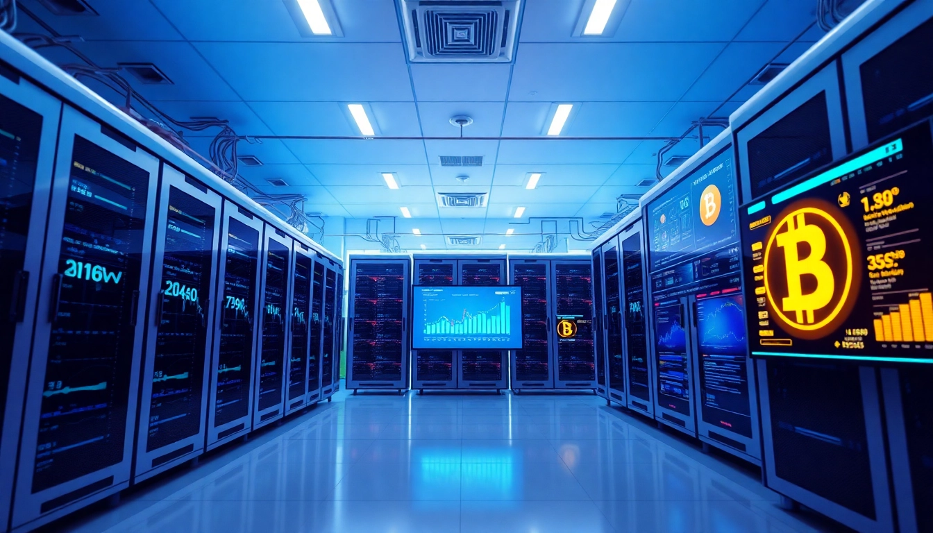 Showcase of top cloud mining technologies in a modern facility with advanced servers and cryptocurrency data.