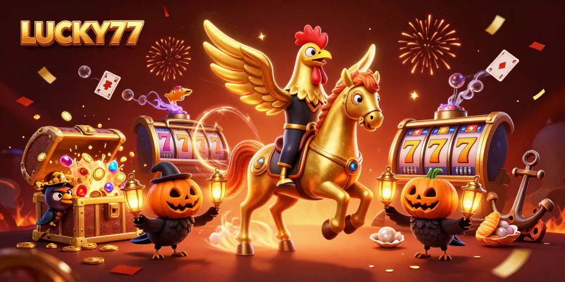 Join the excitement at LUCKY77 casinos with golden rooster characters and vibrant slot elements.