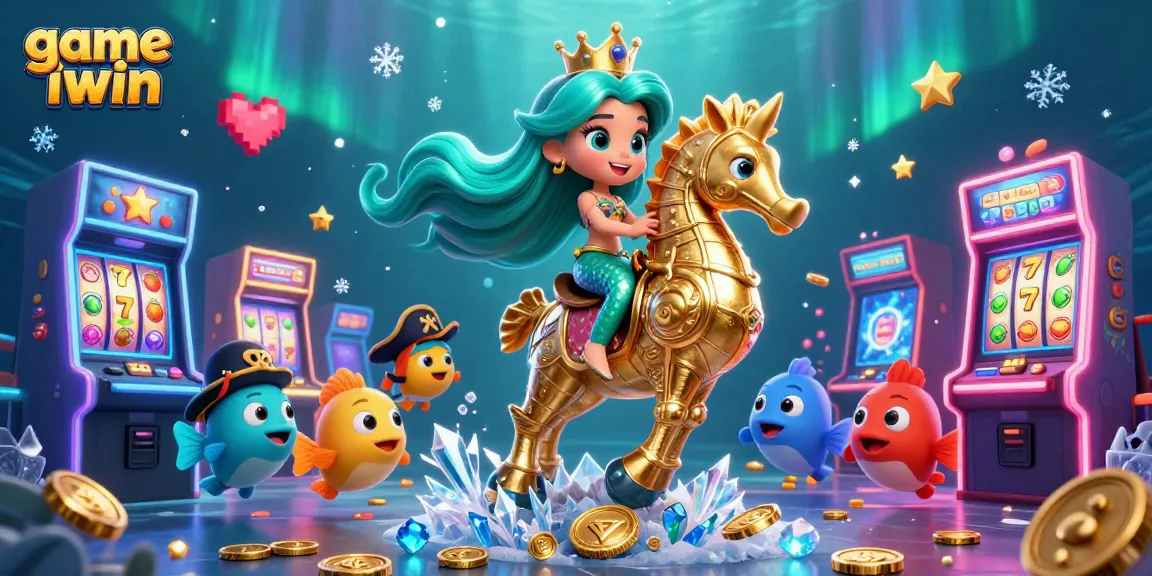 Engage with game iwin through a vibrant casino-themed underwater illustration featuring slot machines and lively characters.