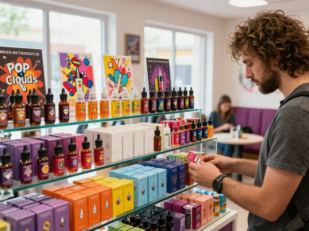 Pop Clouds Butterscotch e-liquids displayed in a vibrant vape shop, highlighting a welcoming atmosphere.