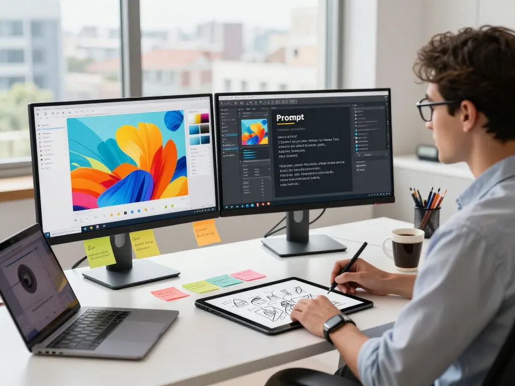 User interacting with image to prompt ai tool in a modern digital workspace, showcasing advanced technology and creativity.