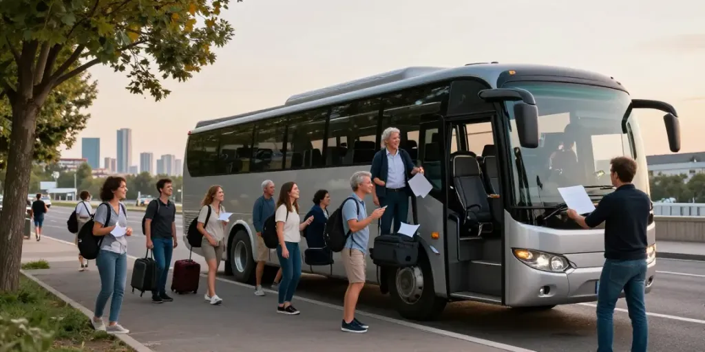Livrare colete Moldova Europa - autobuz confortabil cu pasageri pregătindu-se pentru călătorie.