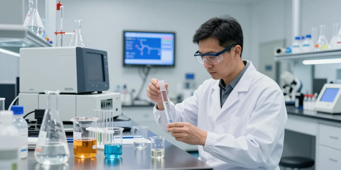 Ethanol supplier bulk analysis in a modern chemical laboratory, showcasing a lab technician with precise glassware and safety equipment.