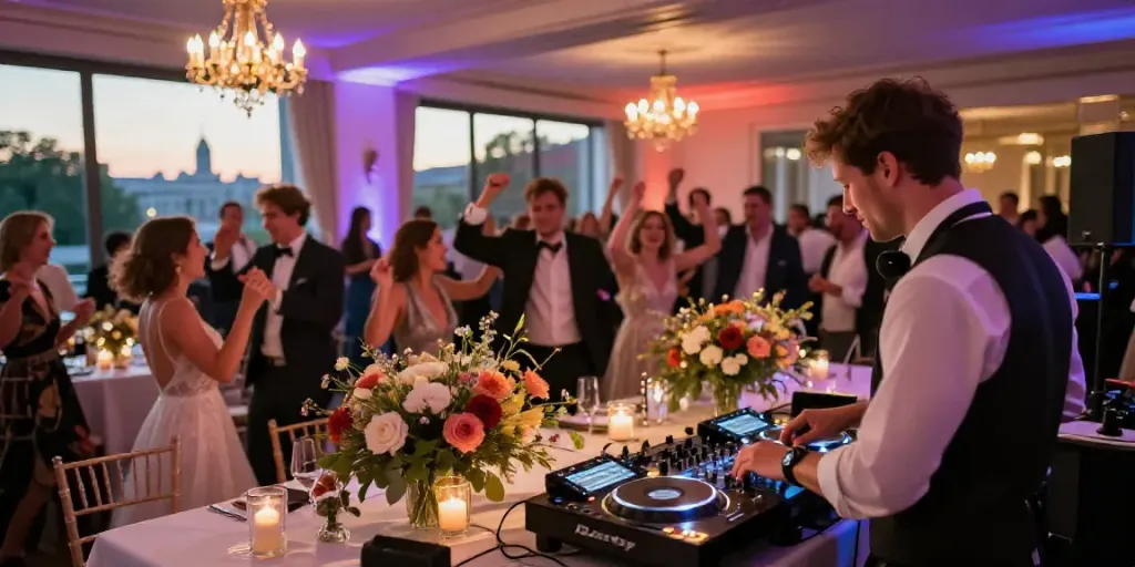 Dynamic scene of a hochzeit DJ in Berlin Brandenburg energizing the wedding crowd with vibrant music and colorful lights.