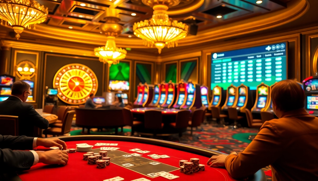 Scène captivante de casino en ligne argent réel France avec des joueurs de poker et des éléments de jeu vibrants.