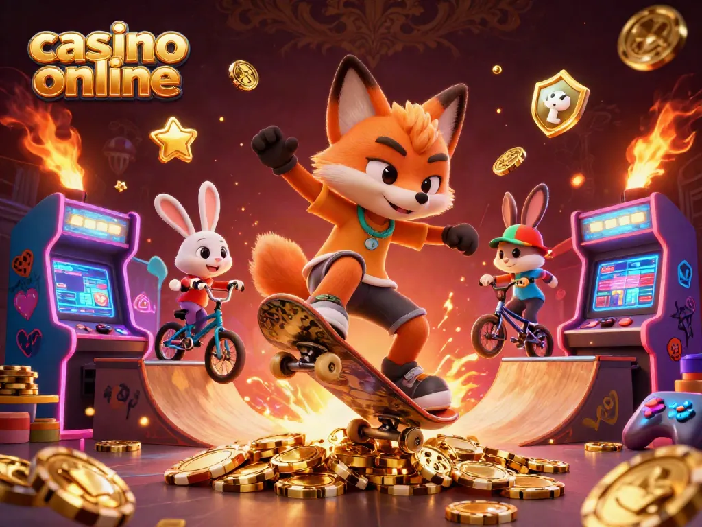 Juega en un casino online con un zorro y un conejo en un vibrante entorno, mostrando la emoción del juego.