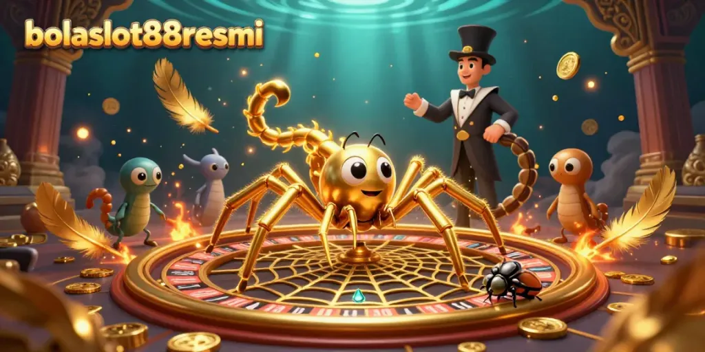 Experience the excitement of bolaslot88resmi with a lively 3D illustration featuring a spider and croupier in a casino setting.