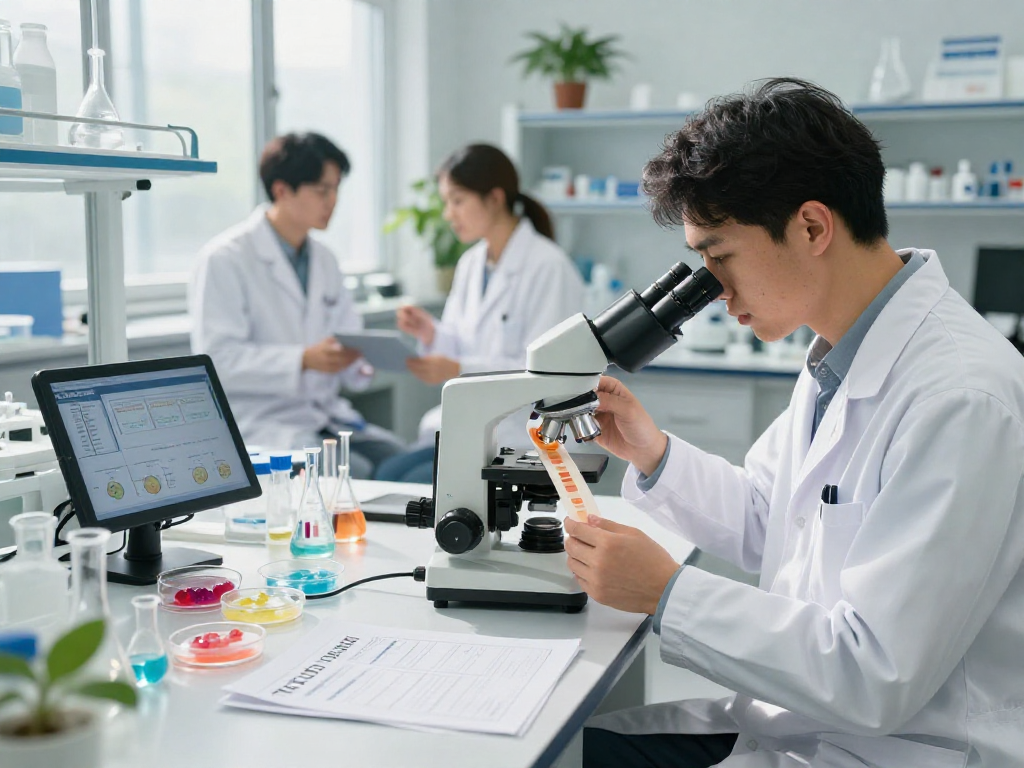 Researcher analyzing TB 500 benefits in modern buccal strip technology lab.
