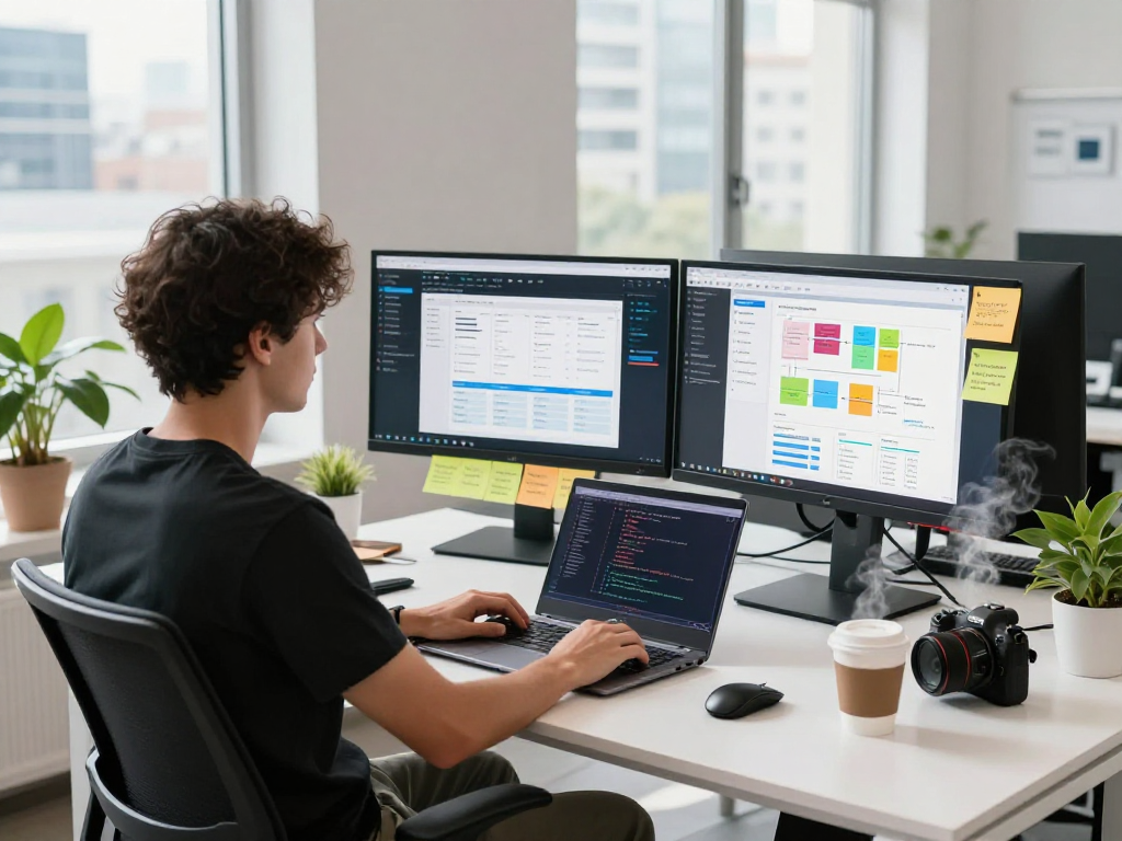 Web hosting Mexico developer in a modern office with analytical tools on dual monitors, illustrating digital workspace.
