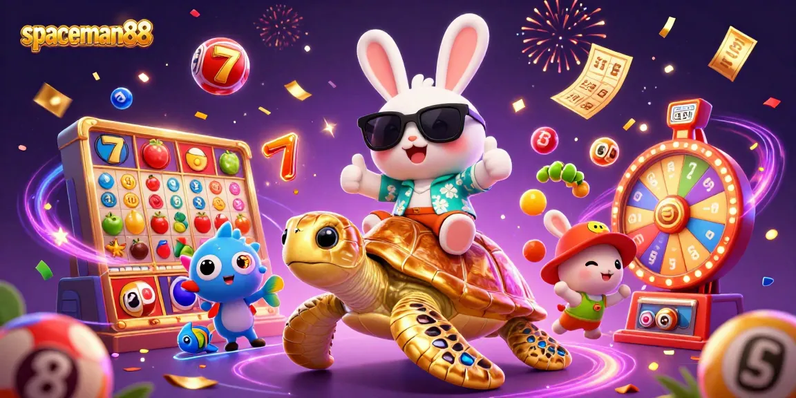 Play spaceman88 slots with engaging visuals featuring a lucky rabbit, sea turtle, and dynamic game elements.