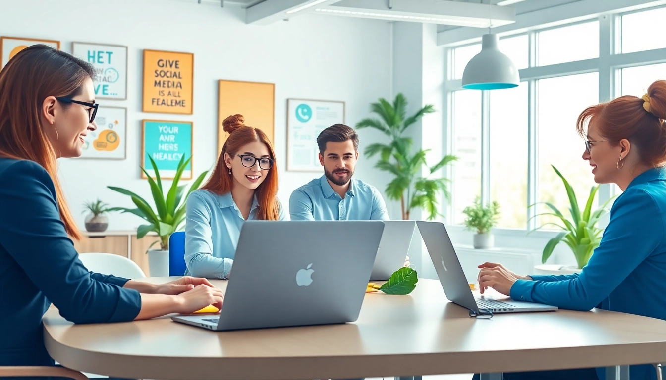 Team collaborating on Social Media Marketing strategies in a vibrant office space.