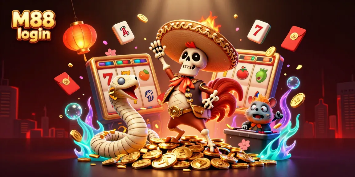 M88 login to experience thrilling wins with vibrant character scenes featuring dancing assets, slot visuals, and festive elements.