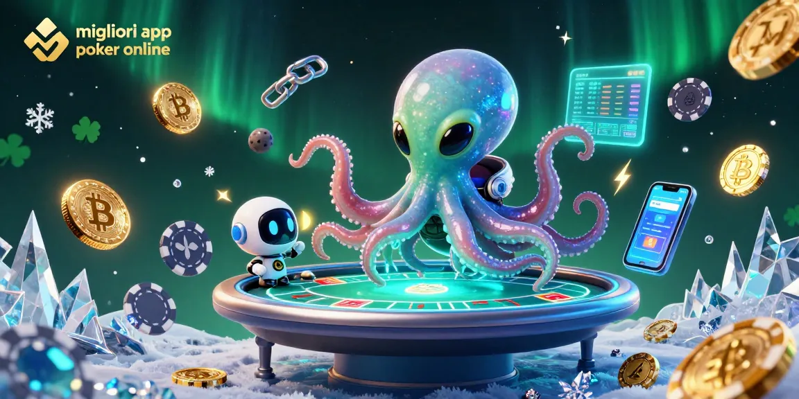 Evidenziando le migliori app poker online, un polpo alieno e un robot giocano a poker con chip galleggianti.
