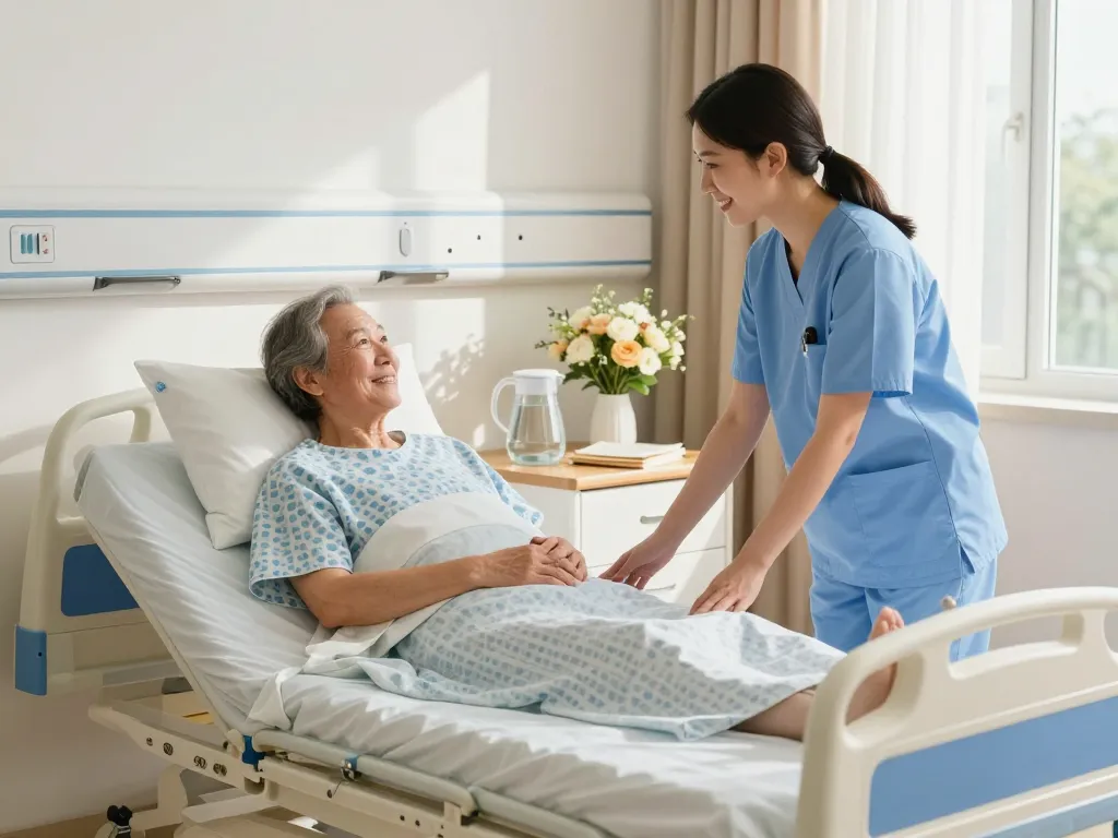 Comfortable giường bệnh nhân in a bright hospital room with caregiver attending to patient.
