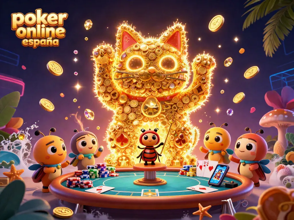Juega Póker online en España con una emocionante representación gráfica de gatos de la suerte y elementos de póker.