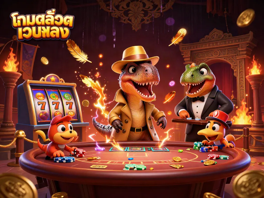 เกม สล็อตเว็บตรง ที่มีตัวละครไดโนเสาร์นั่งเล่นที่โต๊ะพนัน