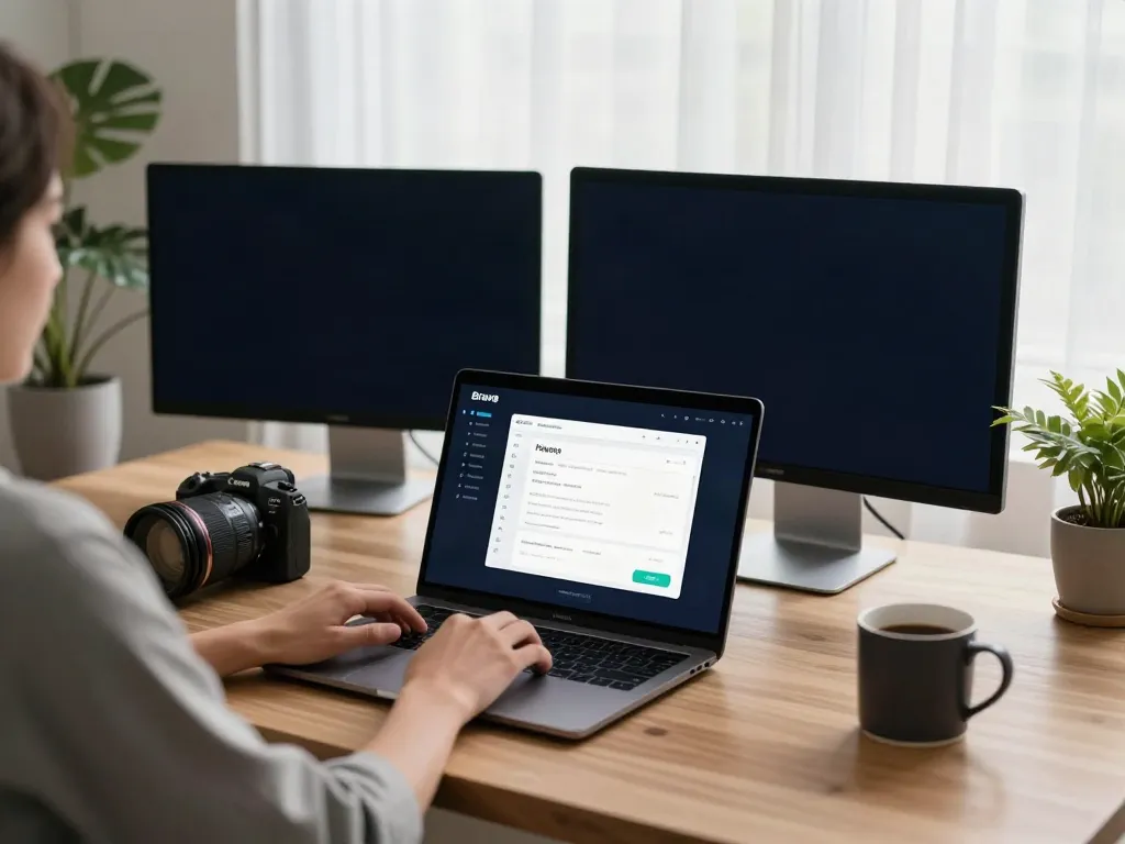 Brave browser in a sleek home office emphasizing privacy and technology.