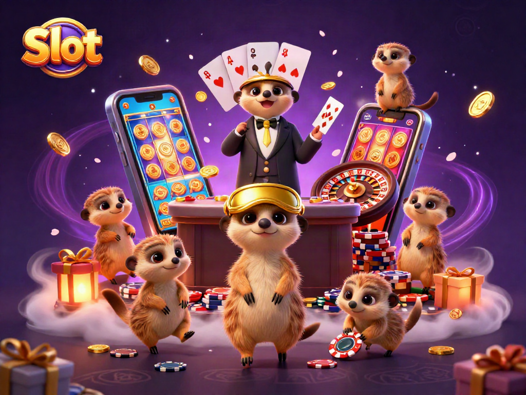 Engage in thrilling Slot games with cartoon meerkats running a lively casino operation.