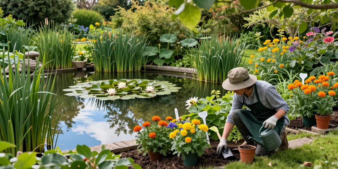 Gardener planting British pond plants like water lilies in a serene pond, surrounded by lush greenery.
