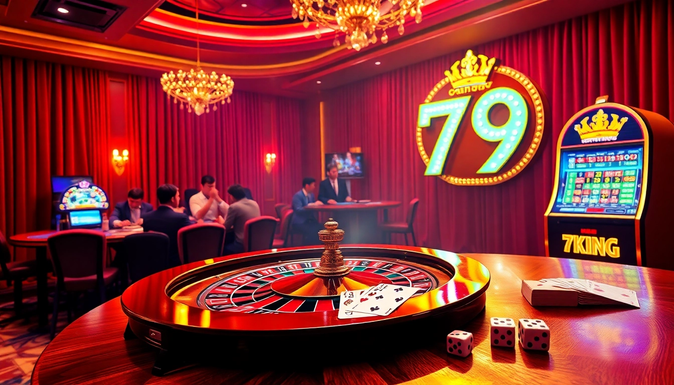 Experience the excitement of 79 king gambling with a vibrant casino scene featuring roulette, slots, and chips.