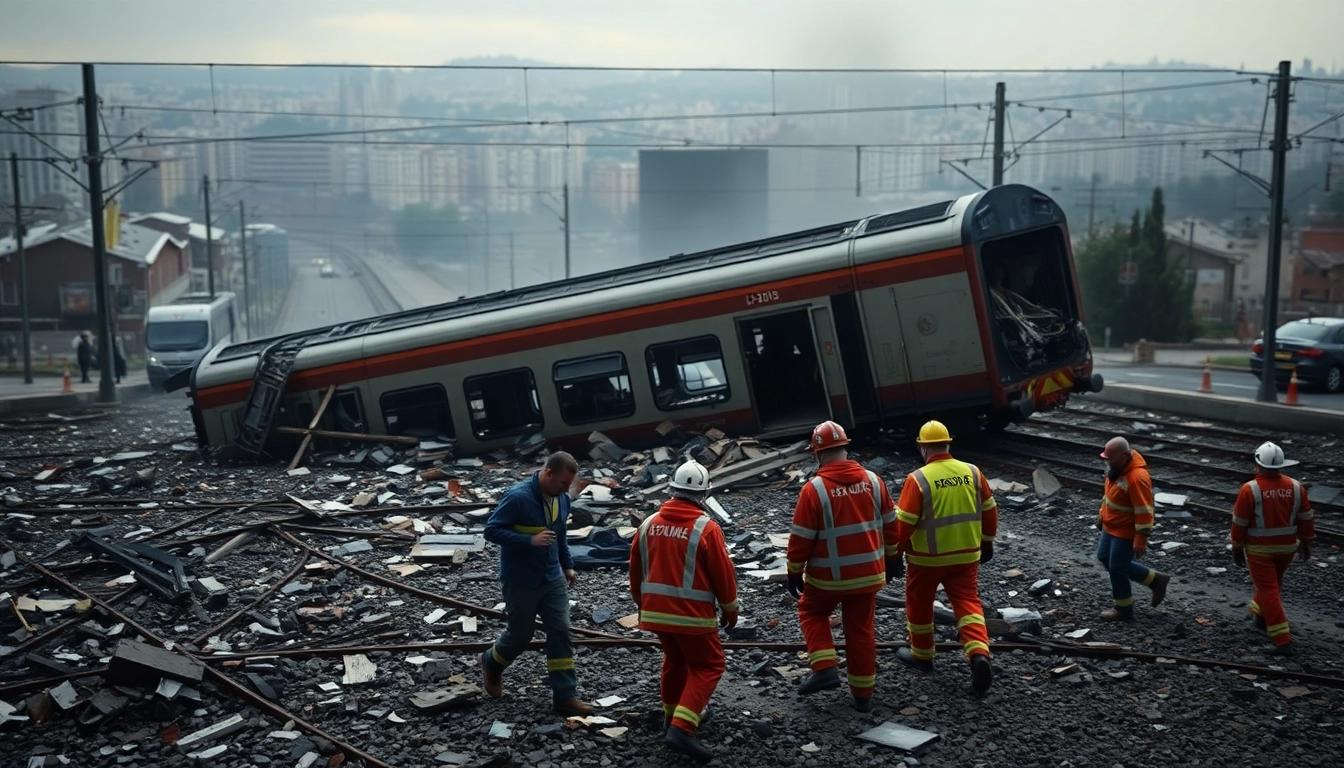 Scene depicting the aftermath of the spain train crash with emergency responders at work.