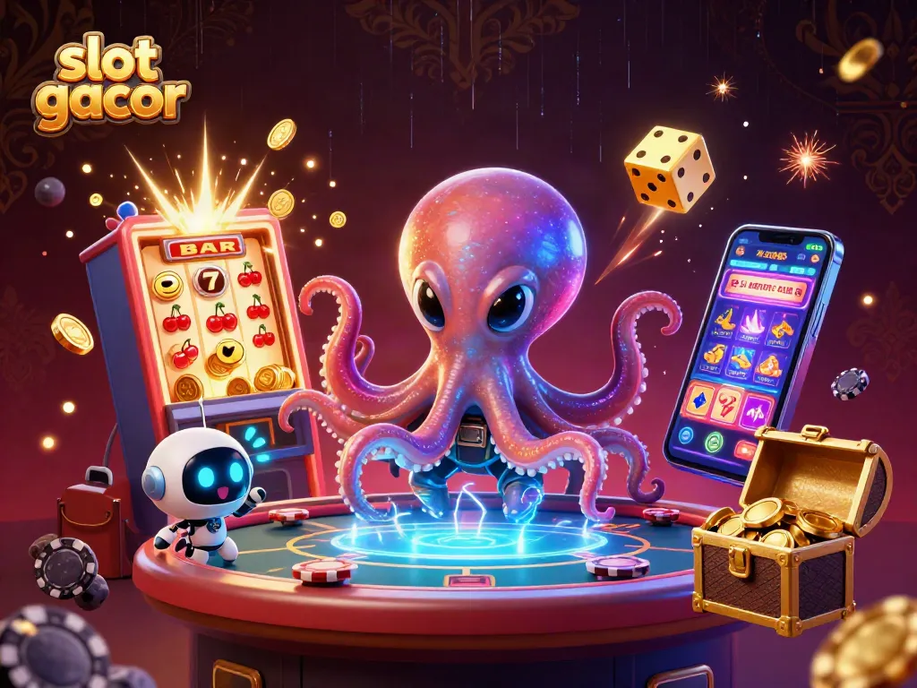 Slot gacor menghadirkan ilustrasi kartun 3D dengan karakter gurita alien dan mesin slot meriah yang berkilau.
