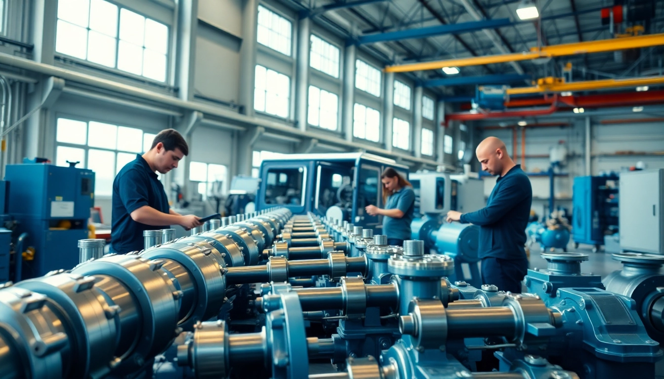 Technician assembling custom hydraulic equipment with precision in a bright industrial workshop.
