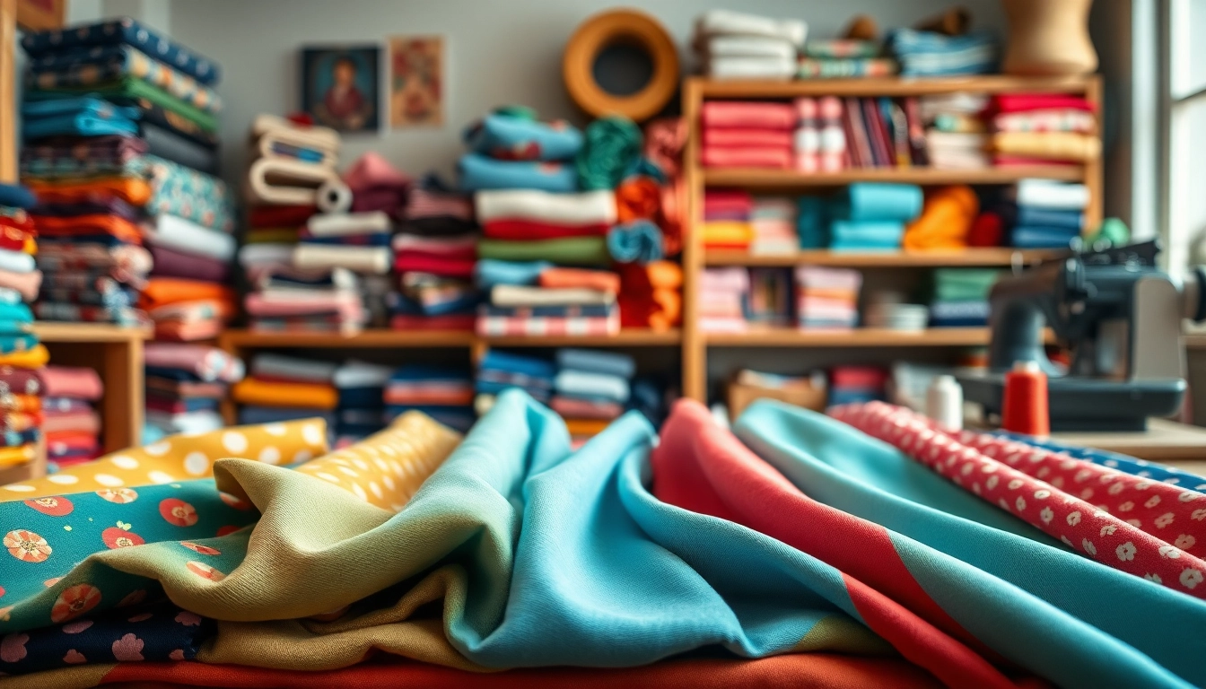 Vibrant katoen stoffen assortiment in een gezellige stofwerkplaats, met diverse patronen.
