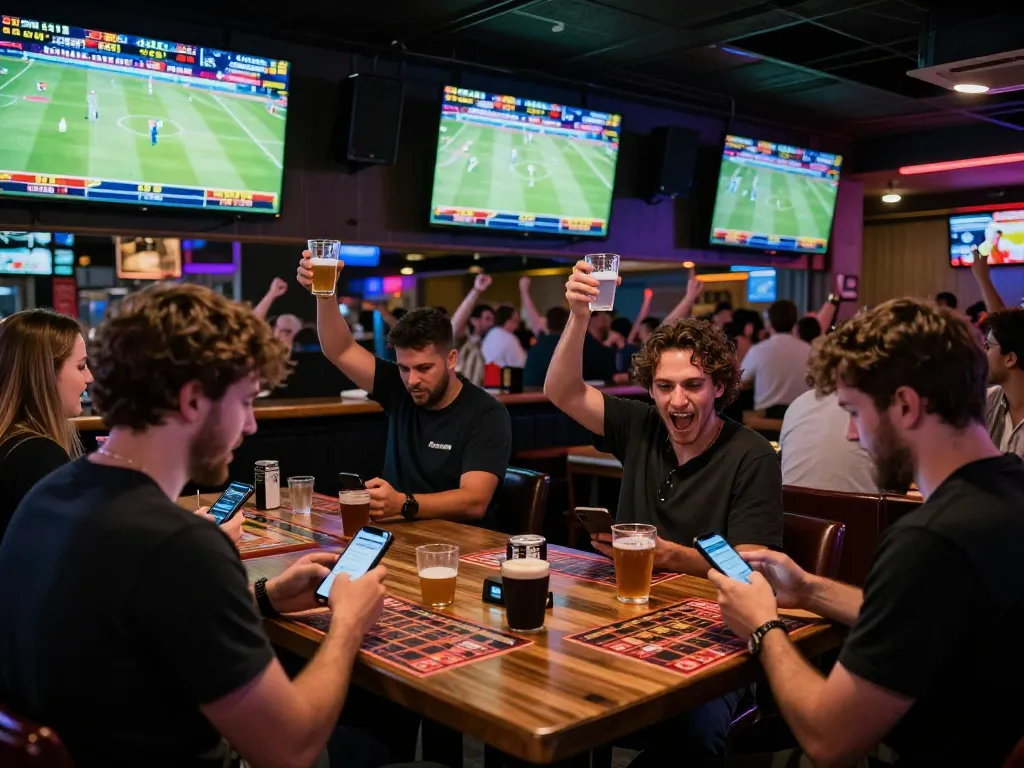 Engaged sports bettors checking odds on smartphones at 7m sports bar, lively atmosphere with screens showing games.