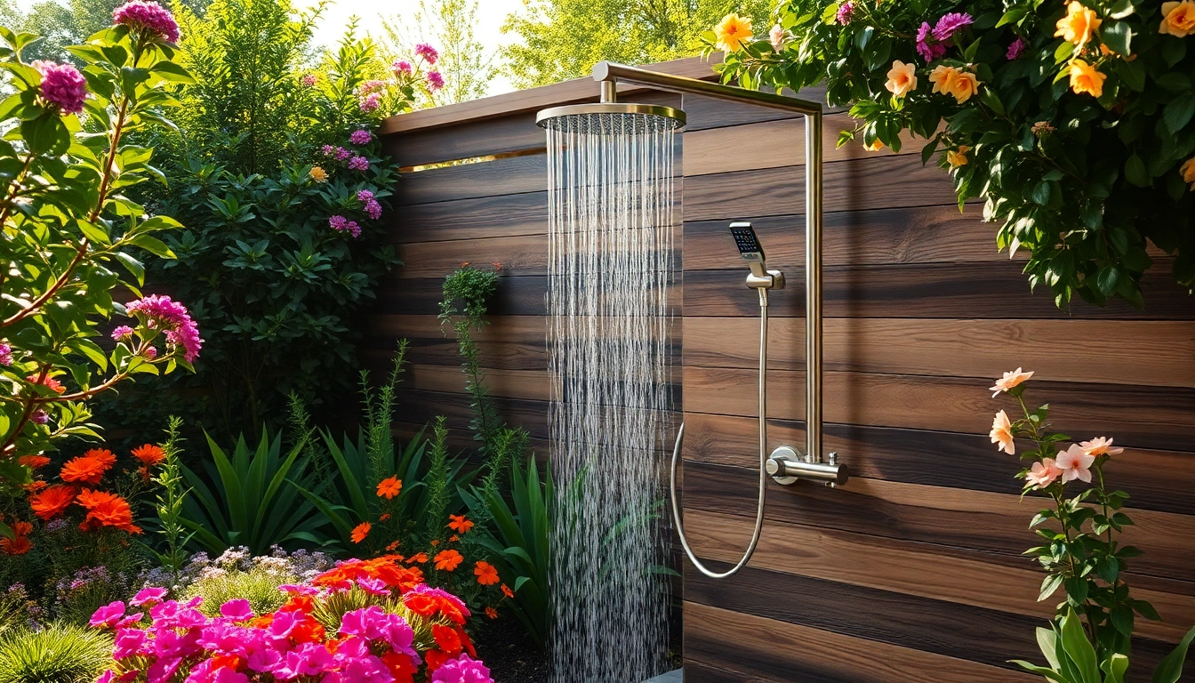 Enhance your outdoor space with sunny shower USA installation in a serene garden setting.