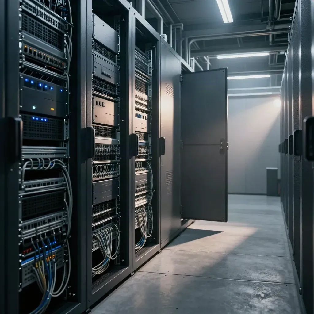 Underground server corridor with glowing firewall racks, open cabinet, and misty dawn light.