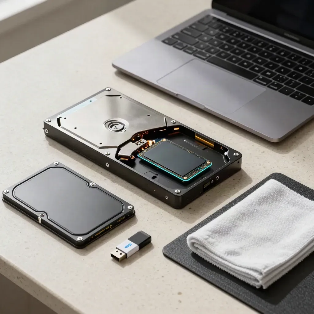 Opened laptop with SSD replacement, quarantine USB stick, and cloth on anti-static mat.