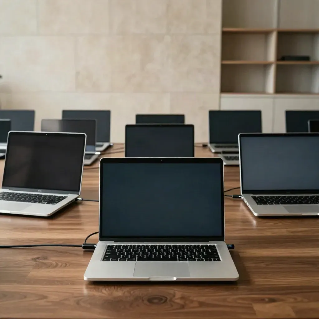 Managed laptops docked in charging bases with synced security lights in a quiet IT bay.