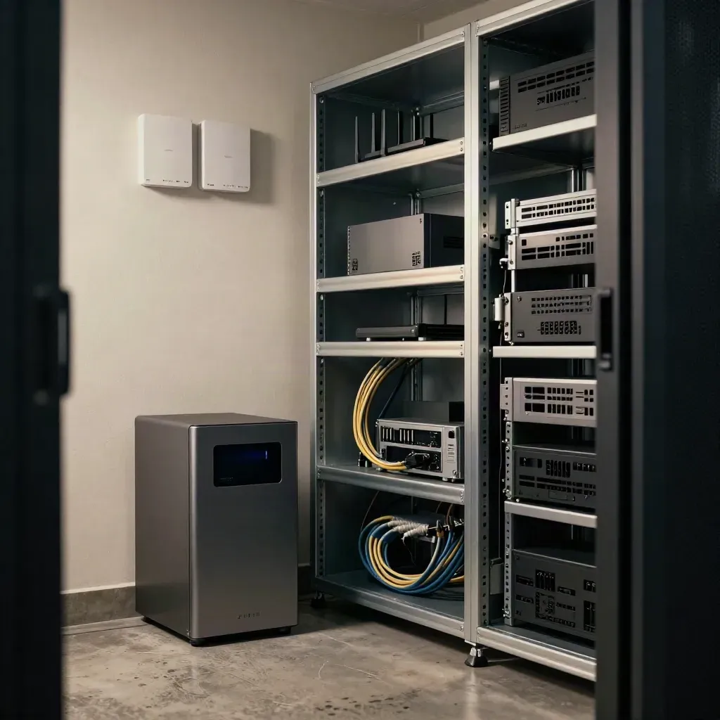 Server closet with router, firewall appliance, access points and tidy cabling after a security audit.