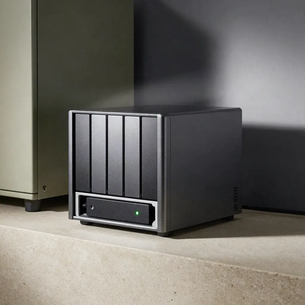 Compact NAS array, mirrored SSDs and backup cradle on pale stone beside a cabinet door, lit by a low beam.