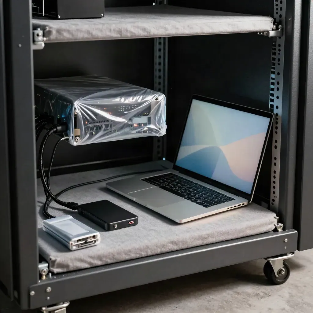 Server room with quarantined shelf, restored laptop, external drive, and evidence pouch on a metal cart.