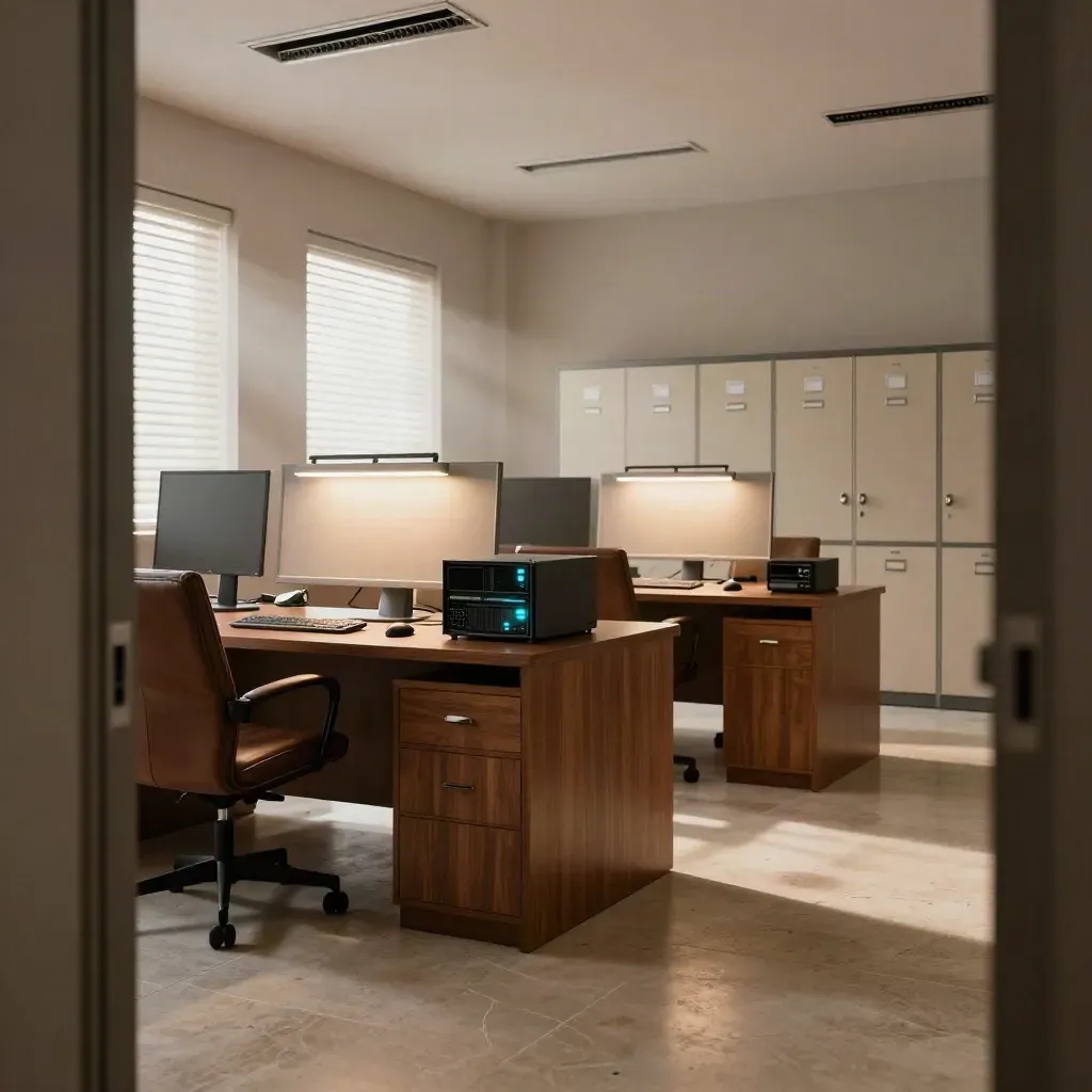 Empty law office with glowing docks, restored Wi‑Fi points, and tidy cables in warm morning light.