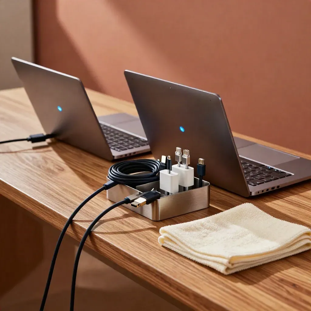 Docked laptops, cables, and adapters on a warm wood support bench with glowing status lights