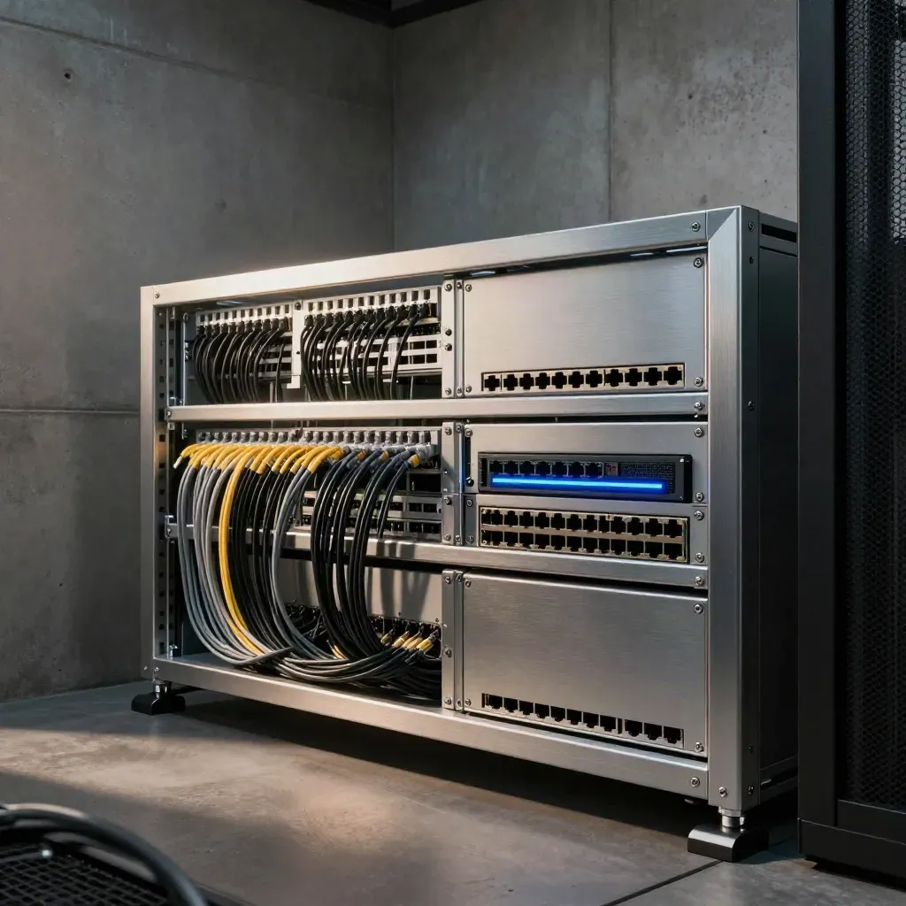 Clean network rack with gateway appliance glowing blue in a dim server closet