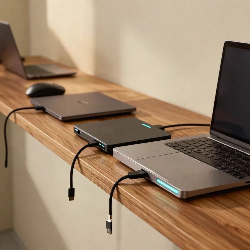 Row of updated laptops and charging docks on a warm support counter with soft cyan status glow.