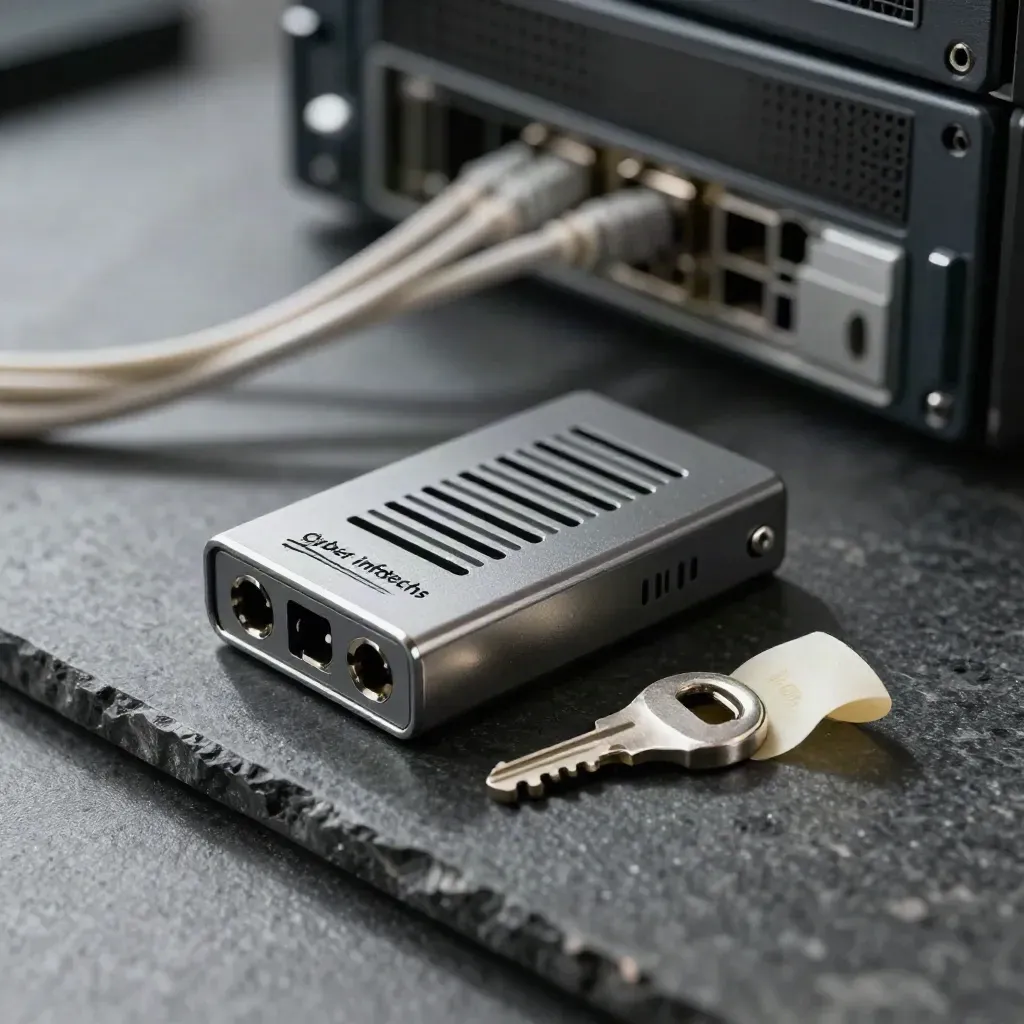Macro of a firewall token, tamper seal, and intrusion-prevention module on dark stone.