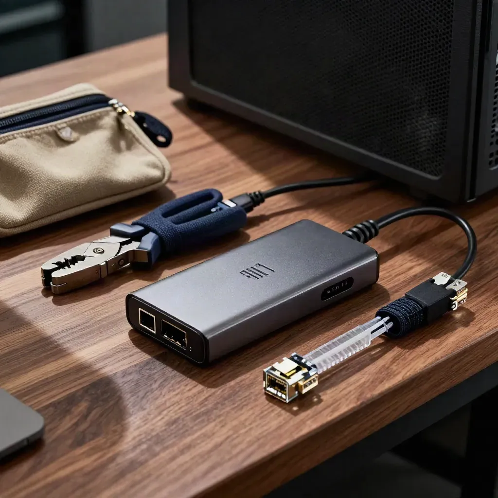 USB-C docking hub, ethernet crimp tool, power brick and cables on warm wood
