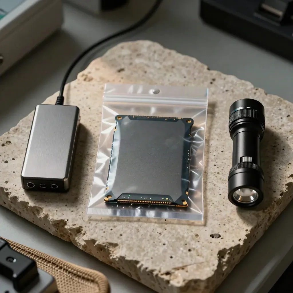 Top-down macro of a sealed SSD, write-blocker, evidence pouch, and flashlight on pale limestone.