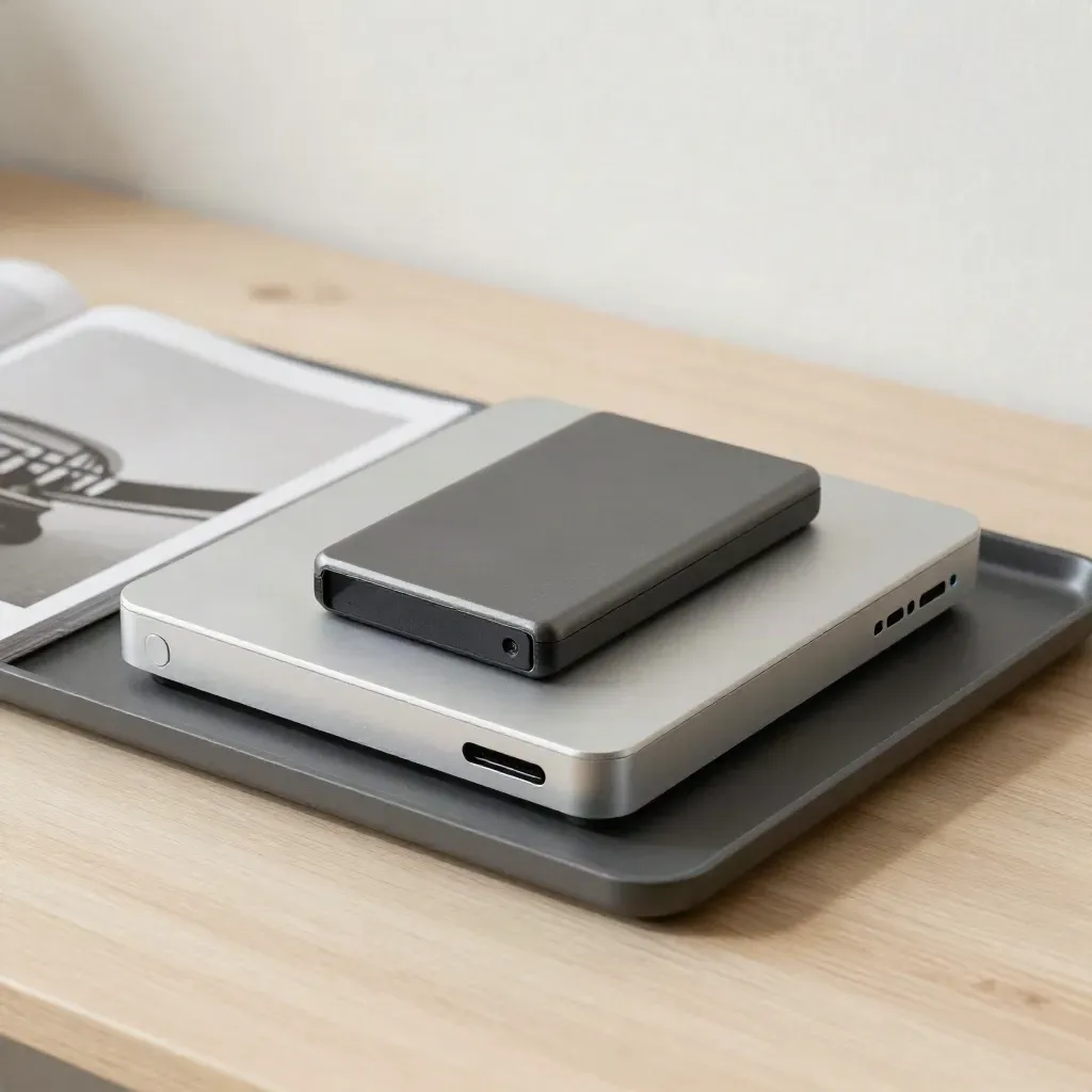 Closed laptop, firewall, backup drive and Wi‑Fi access point on a neat intake tray.