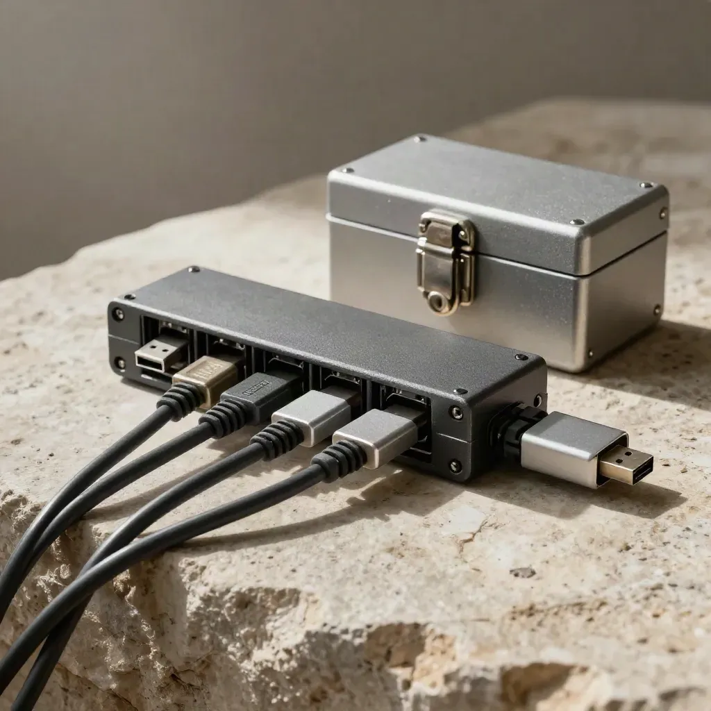 Firewall module, recovery stick, patch cables and lock box on rough stone in soft light.