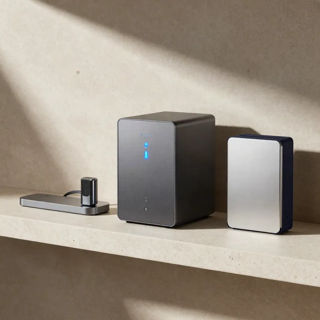 Top-down backup NAS, endpoint dock and blue beacon on pale stone shelf