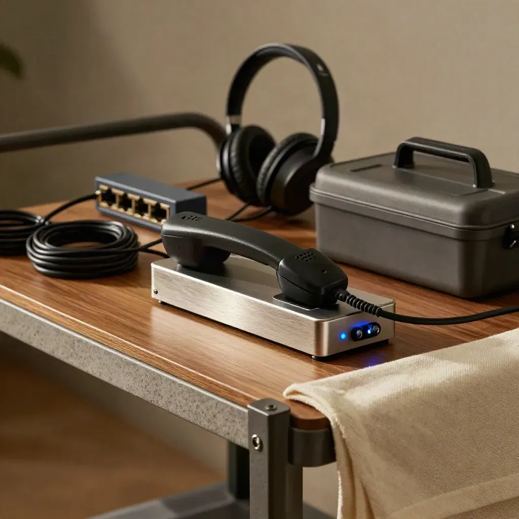 Service cart with network switch, charging dock, headset base and maintenance kit on brushed wood, lit in blue.