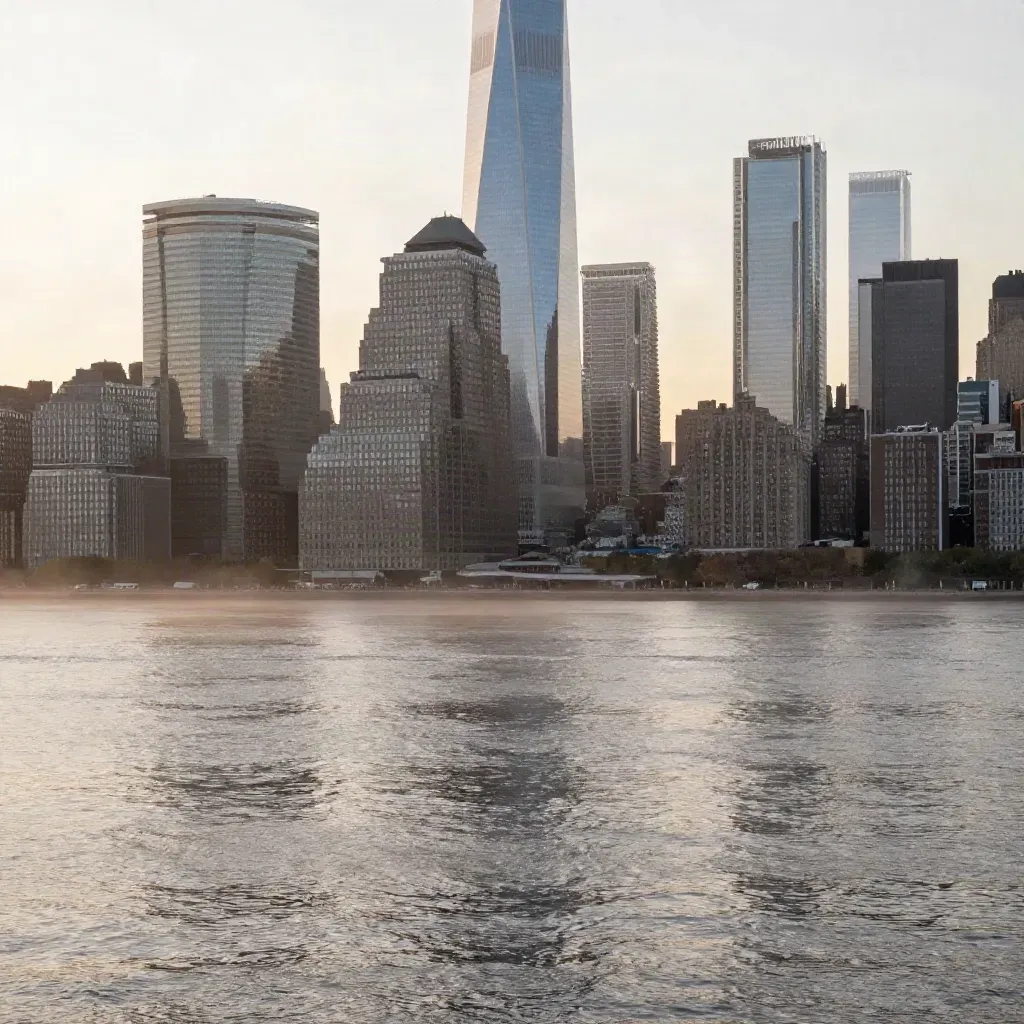 Hazy Manhattan skyline across calm water at sunrise