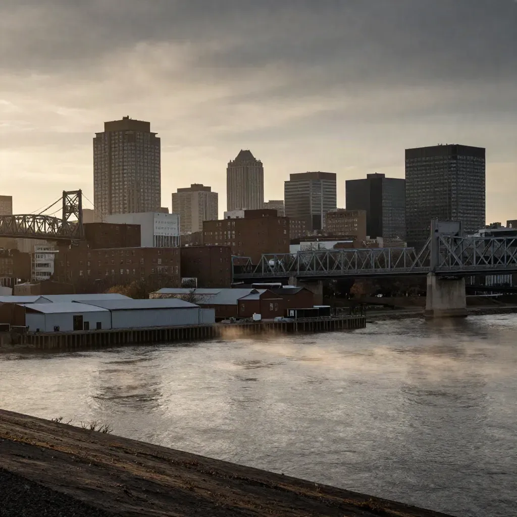 Newark skyline and bridge line above a calm hazy riverfront at golden hour