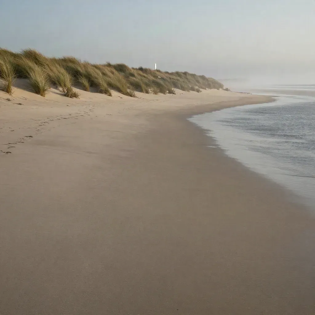 Golden-hour coastal inlet with dunes, marsh grass, mist, and a distant beacon on the horizon.